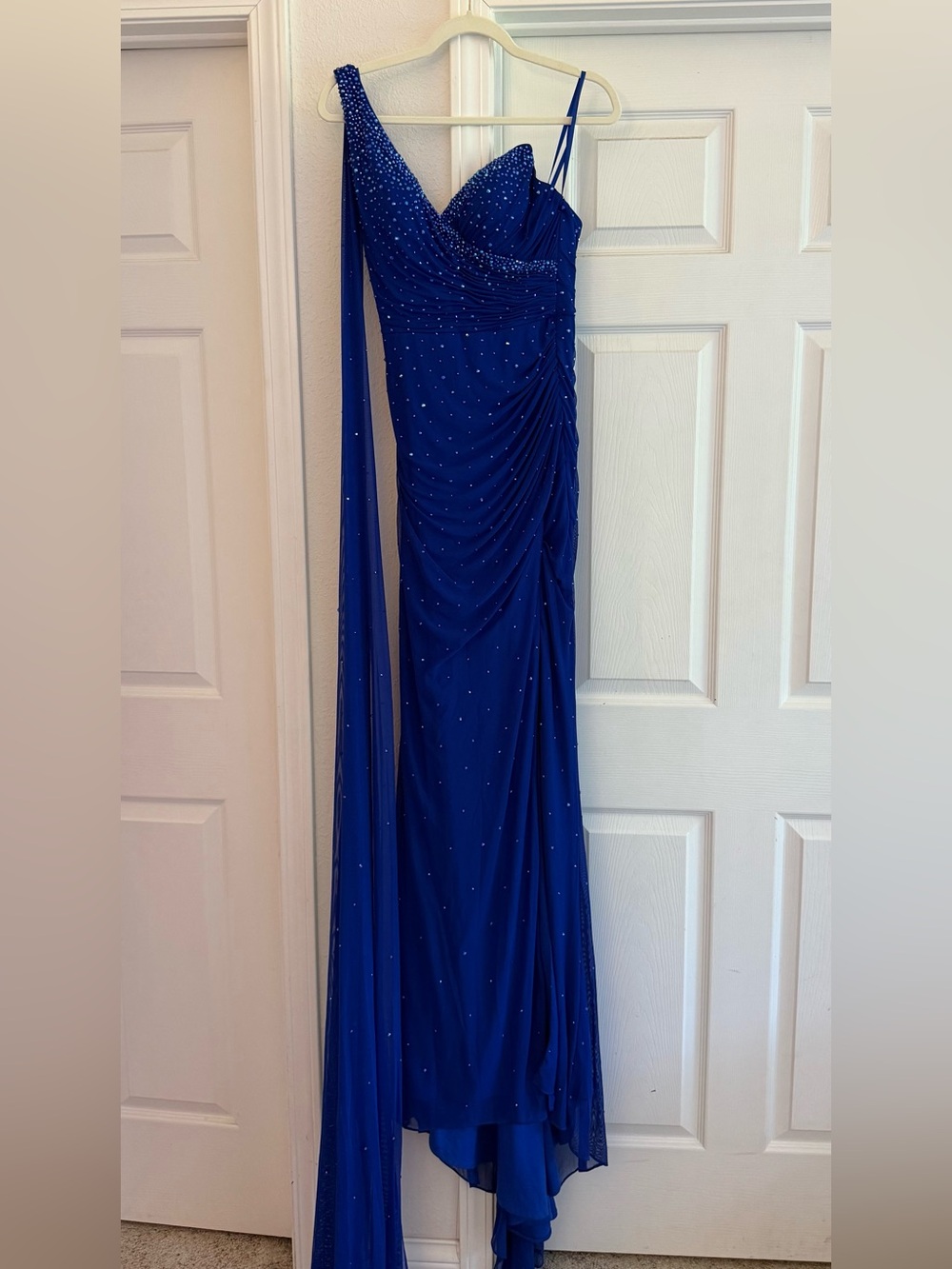 Asymmetric Royal Blue Prom Gown with Crystal Accents
